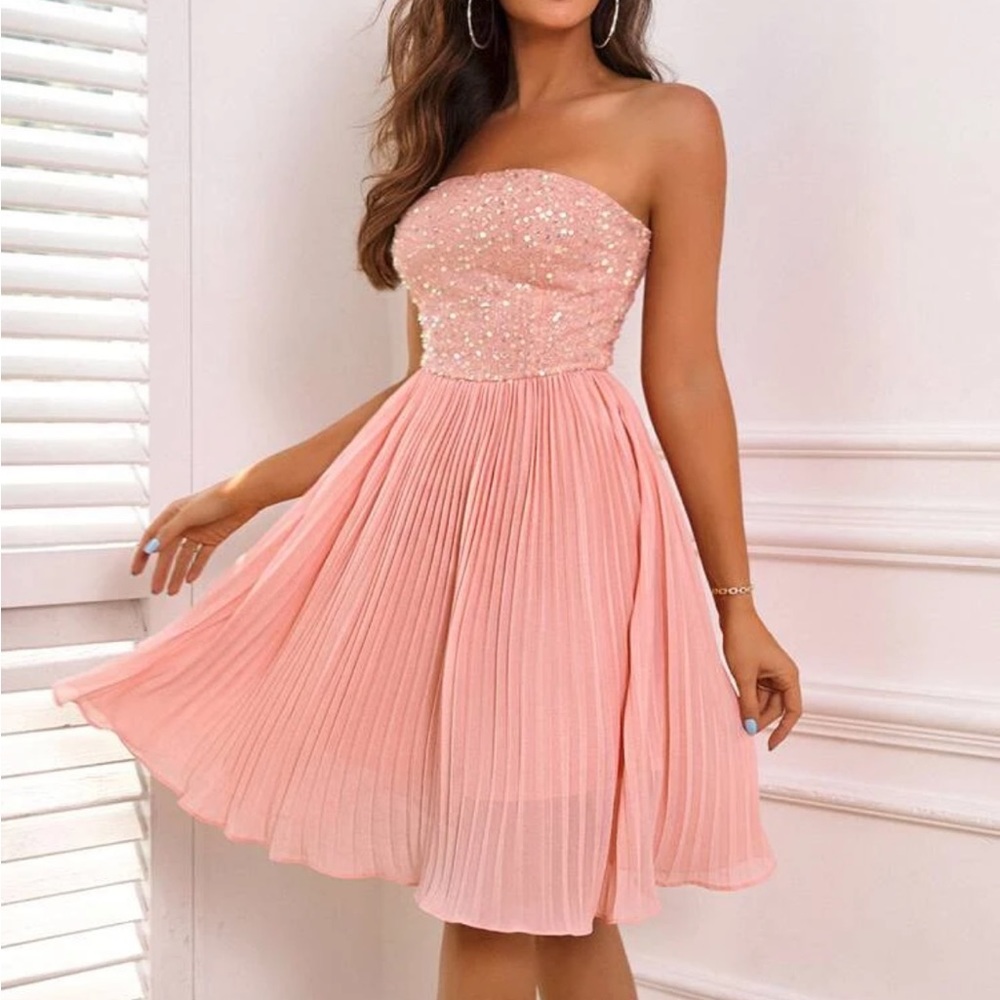 Sequin strapless pleated dress